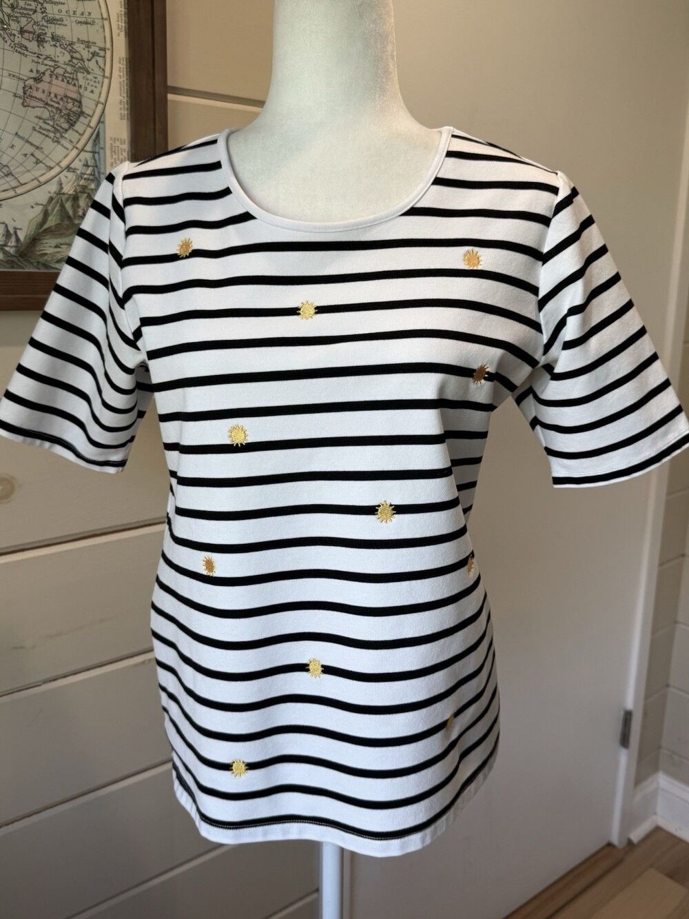 Christopher & Banks Nautical Striped Tee Black White Yellow Sun Embroidered‎ L